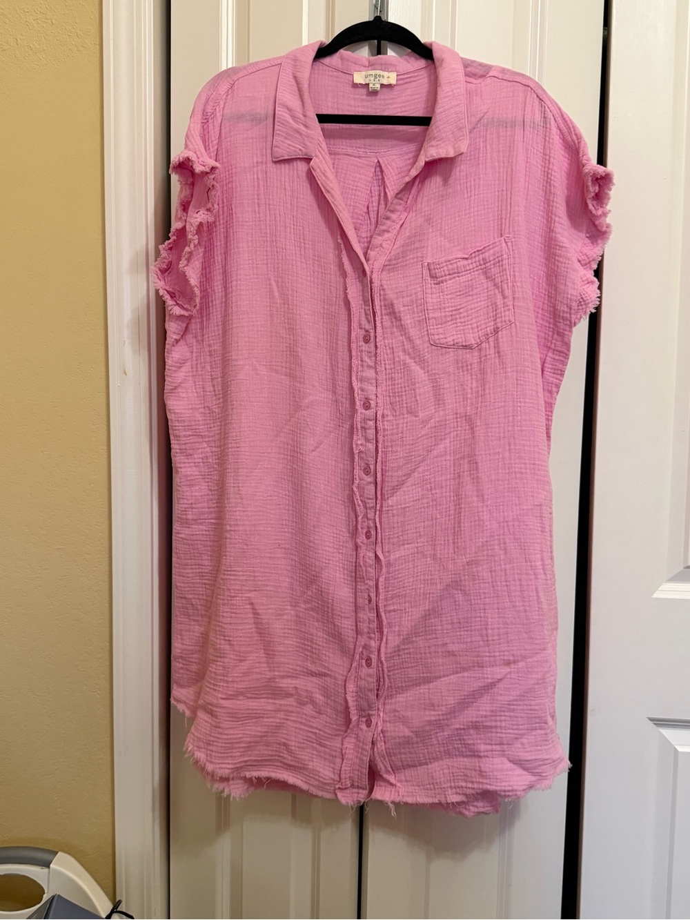 Umgee Pink Frayed Gauze Button-Down Shirt Dress